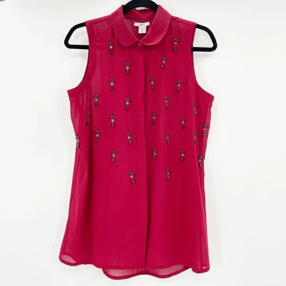 Bar 3 Women's Red Embellished Crystals Button Front‎ Sleeveless Blouse Size M